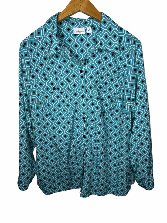 Kim Rogers Tops - Kim Rogers Women 1X Teal Geometric Print Button Front Stretch Blouse Top